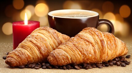 christmas breakfast table with croissants coffee and candlelight 