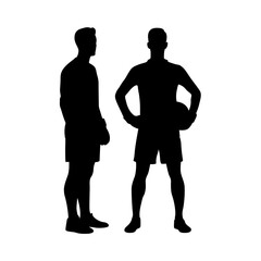 Two athletic male silhouettes standing with a basketball and boxing gloves on white background