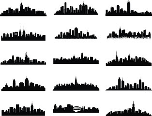 Collection of City Skyline Silhouettes Set Against White Background for Design and Architectural Vis