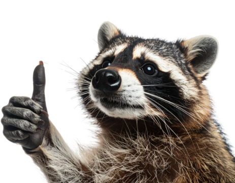 Close-up of a masked animal with fur, displaying a thumbs-up gesture, on a transparent background