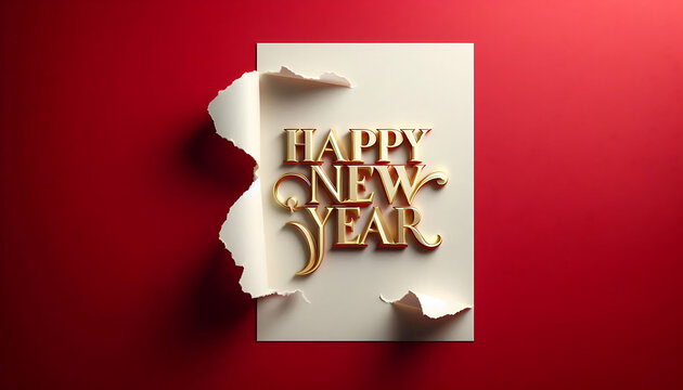 Elegant New Year card design featuring gold embossed typography lifting from torn white paper, set against a bold red backdrop. Symbolizes celebration, renewal, and festive wishes for friends and fami