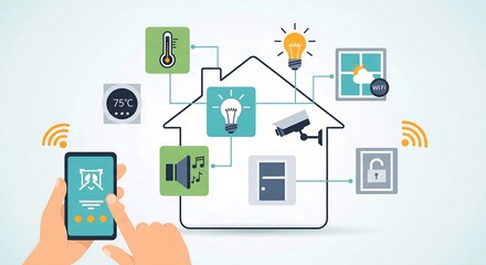 An illustration of a smart home system showing various connected devices like lighting, security, temperature, and mobile control
