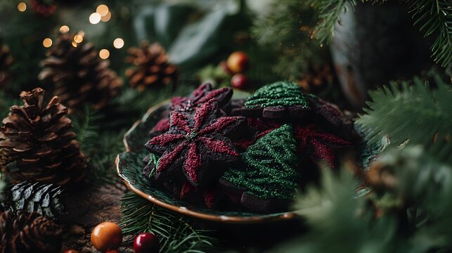 christmas cookies shaped like stars and trees on rustic table