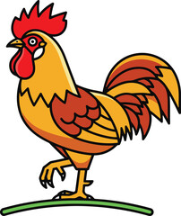 A stylized flat vector cartoon illustration of a lively rooster with yellow and orange plumage, standing proudly on one leg on a green curved line.
