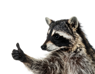 A raccoon, mostly brown and grey, giving a thumbs up gesture, set against a black backdrop