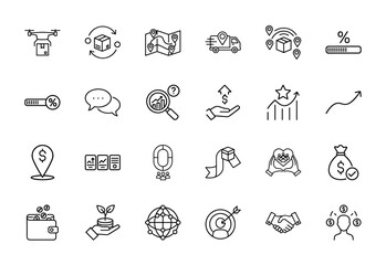 Fototapeta premium Business and finance line icon set. Vector pictograms of drone, package, map, truck, charts, wallet, handshake, target, network, and growth, thin linear illustration.
