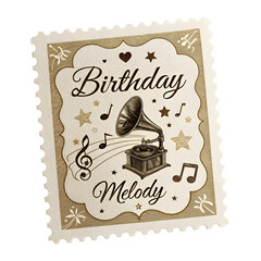 Vintage postage stamp design featuring a gramophone creating music with birthday celebration theme