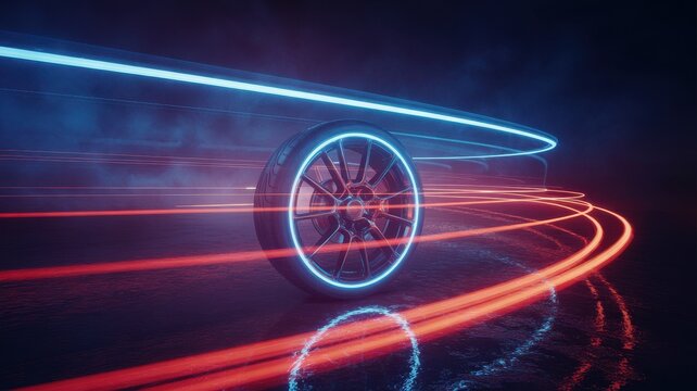 Futuristic car wheel with glowing neon light trails in motion