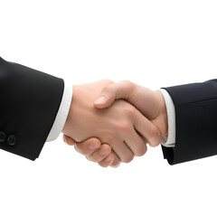 Two businessmen in formal suits shaking hands in agreement.