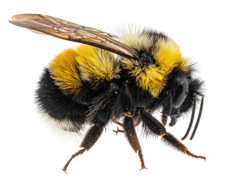 Macro shot revealing intricate details of a bumblebee with black, yellow, and white fur