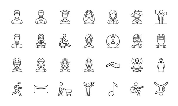 People and professions line icon set. Vector pictograms of diverse individuals, including graduates, brides, police, doctors, athletes, and musicians, thin linear illustration.
