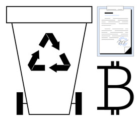 Recycling bin with arrows, digital document, and Bitcoin highlight eco-friendly systems, blockchain, sustainability, digital economy, green tech, environmental care, and responsible innovation