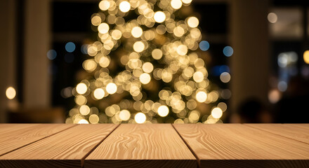 Empty Wooden Table Top Product Display with Christmas Bokeh