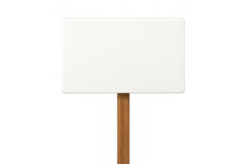 Blank white sign on a wooden stick, promoting messages, protests, advertising, or information display with transparent background