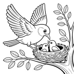 Cute Bird Feeding Nest Coloring Page for Kids, Nature, and Animal Lovers vector style 
