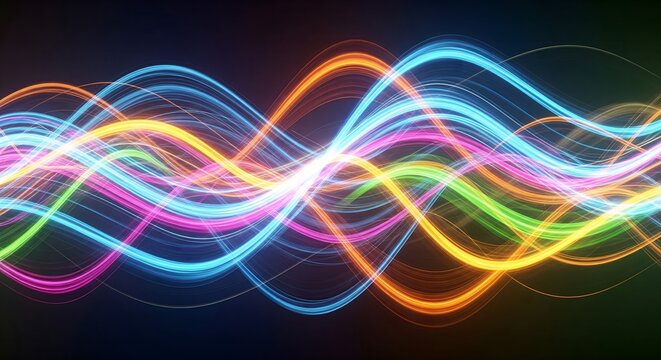 A vibrant abstract visualization of multiple, overlapping neon sine waves in bright blue, pink, orange, and green on a dark background