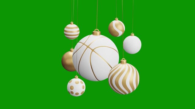 Basketball Christmas hanging ball video 4k animation. Green screen Merry Christmas greeting card. Hang on a thread xmas ornament ball golden bauble on green horizontal background