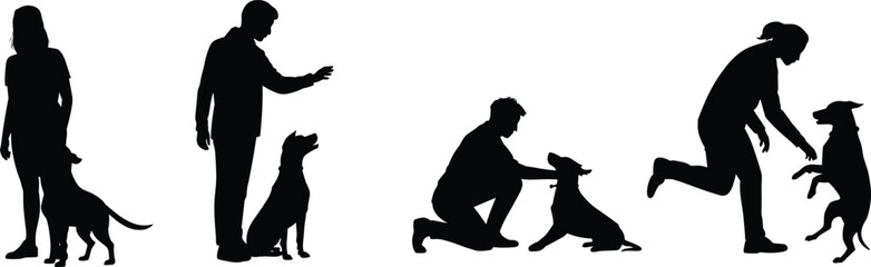 Dog interaction silhouettes, human poses, pet training, playful moments, black shapes, obedience commands, animal behavior, companionship scene, silhouette illustration, pet care