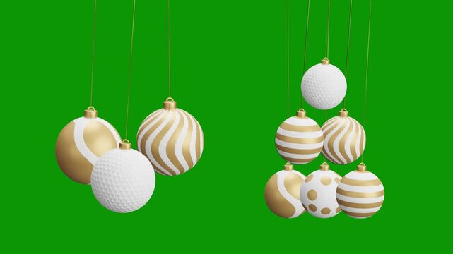 golf Christmas hanging ball video 4k animation. Green screen Merry Christmas greeting card. Hang on a thread xmas ornament ball golden bauble on green horizontal background