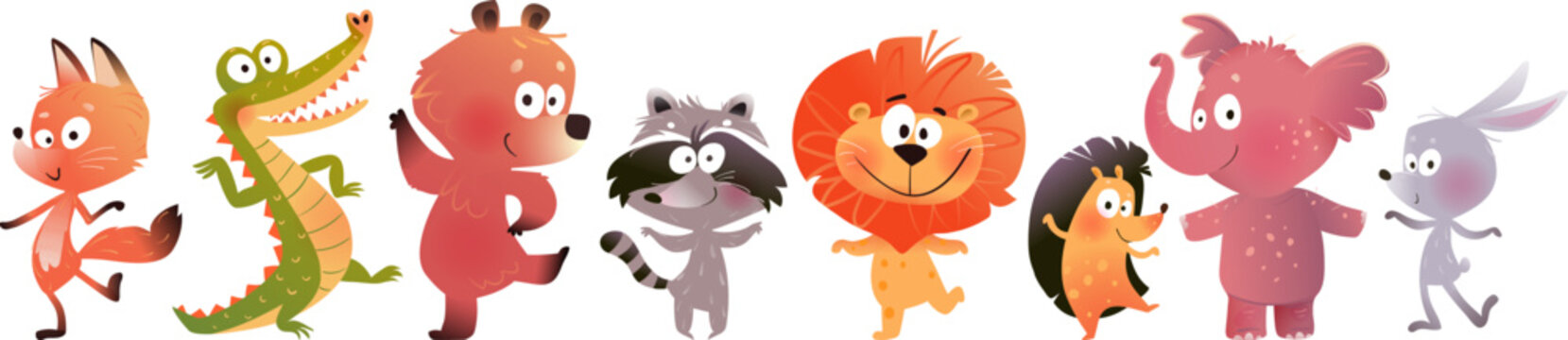 Playful Cartoon Animal Friends Fox, Crocodile, Bear, Raccoon, Lion, Elephant. Funny and cute wild baby animals clipart for children. Vector cartoon wildlife characters illustration collection for kids