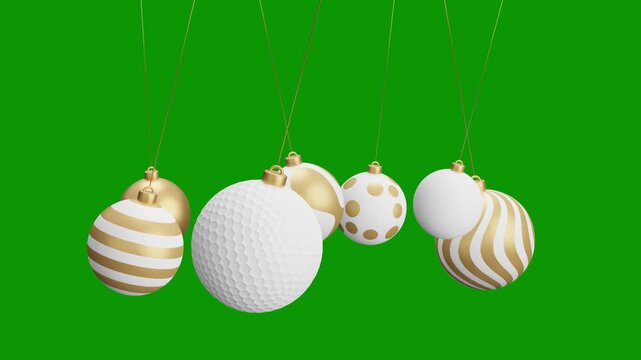 golf Christmas hanging ball video 4k animation. Green screen Merry Christmas greeting card. Hang on a thread xmas ornament ball golden bauble on green horizontal background