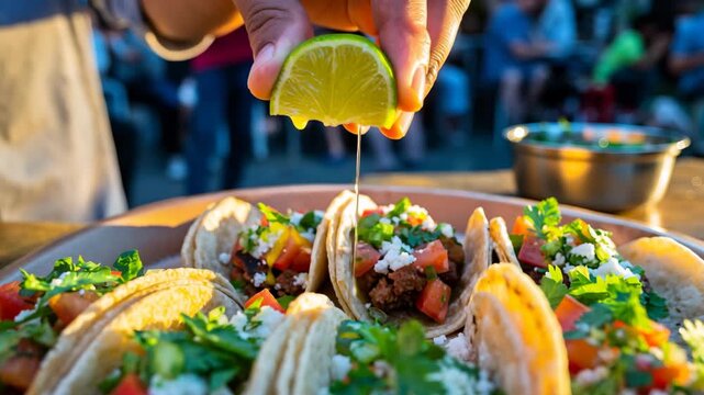 Hand Squeezing Fresh Lime Juice Over a Plate of Street Tacos at Sunset