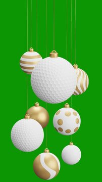 golf Christmas hanging ball video 4k animation. Green screen Merry Christmas greeting card. Hang on a thread xmas ornament ball golden bauble on green horizontal background