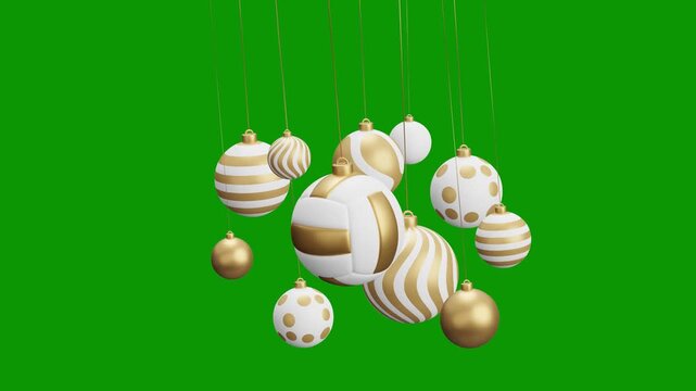 volleyball Christmas hanging ball video 4k animation. Green screen Merry Christmas greeting card. Hang on a thread xmas ornament ball golden bauble on green horizontal background