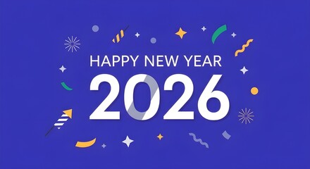 Happy new year 2026 celebration with confetti and stars on a vibrant blue background