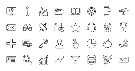 Technology, business, and communication line icon set. Vector pictograms of computer, microphone, camera, book, phone, charts, documents, key, and user, thin linear illustration.