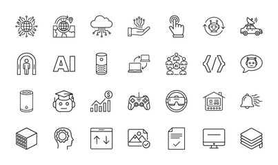 Artificial intelligence technology line icon set. Vector pictograms of global network, cloud computing, smart speaker, robot, VR headset, and machine learning, thin linear illustration.