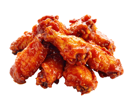 Close-up of saucy, cooked chicken wings with a glistening, reddish-orange glaze on black background