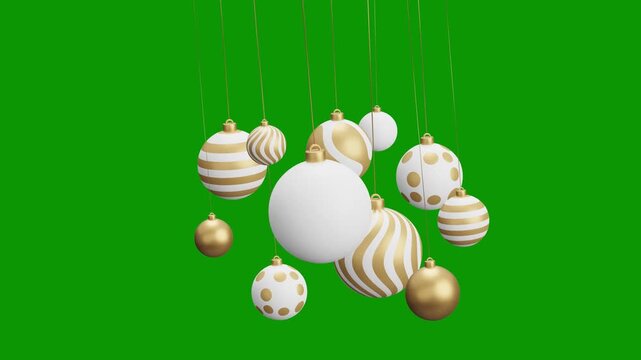 Christmas hanging ball video 4k animation. Green screen Merry Christmas greeting card. Hang on a thread xmas ornament ball golden bauble on green horizontal background