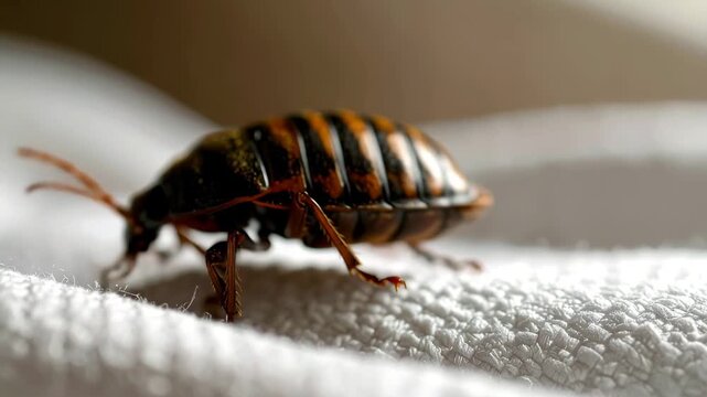 High-Detail Macro View of a Bed Bug Crawling on a White Bedsheet