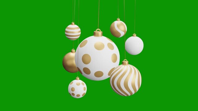 Christmas hanging ball video 4k animation. Green screen Merry Christmas greeting card. Hang on a thread xmas ornament ball golden bauble on green horizontal background