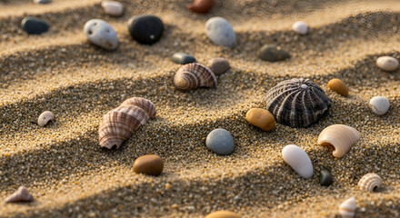 White seashells on the sandy tropical beach shore represent a natural summer vacation texture