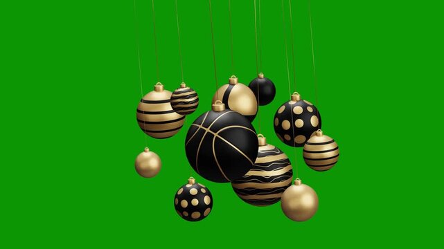 Basketball Christmas hanging ball video 4k animation. Green screen Merry Christmas greeting card. Hang on a thread xmas ornament ball golden bauble on green horizontal background