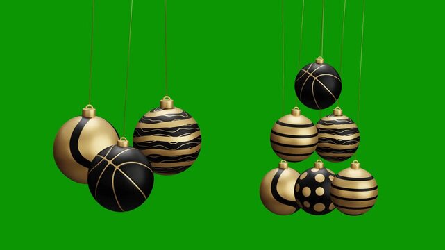 Basketball Christmas hanging ball video 4k animation. Green screen Merry Christmas greeting card. Hang on a thread xmas ornament ball golden bauble on green horizontal background