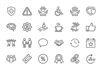 Essential general line icon set. Vector pictograms of health, safety, social interaction, accessibility, environment, business, and technology, thin linear illustration.