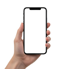 Hand holding a modern smartphone with a blank screen.