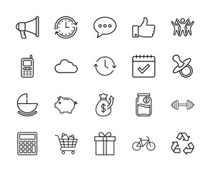 General purpose line icon set. Vector pictograms of megaphone, clock, chat, thumbs up, people, calendar, money, shopping cart, gift, and recycle, thin linear illustration.