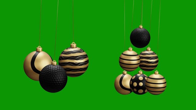 golf Christmas hanging ball video 4k animation. Green screen Merry Christmas greeting card. Hang on a thread xmas ornament ball golden bauble on green horizontal background
