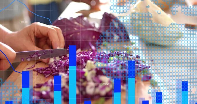 Hands chopping purple cabbage on wooden board, causing blue bars rising and visualizing recipe data