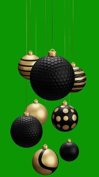 golf Christmas hanging ball video 4k animation. Green screen Merry Christmas greeting card. Hang on a thread xmas ornament ball golden bauble on green horizontal background
