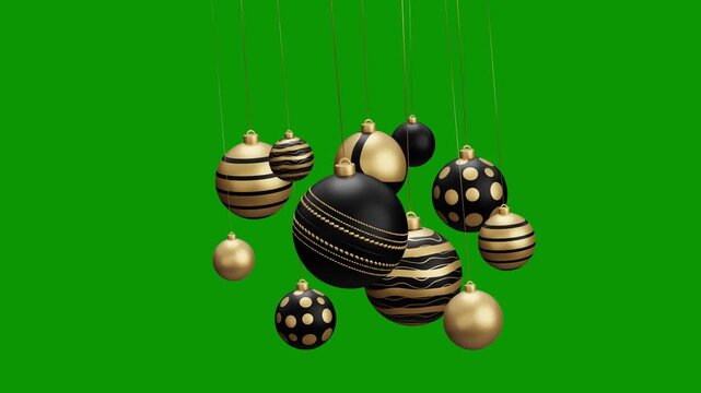 cricket Christmas hanging ball video 4k animation. Green screen Merry Christmas greeting card. Hang on a thread xmas ornament ball golden bauble on green horizontal background