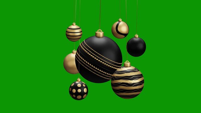 cricket Christmas hanging ball video 4k animation. Green screen Merry Christmas greeting card. Hang on a thread xmas ornament ball golden bauble on green horizontal background