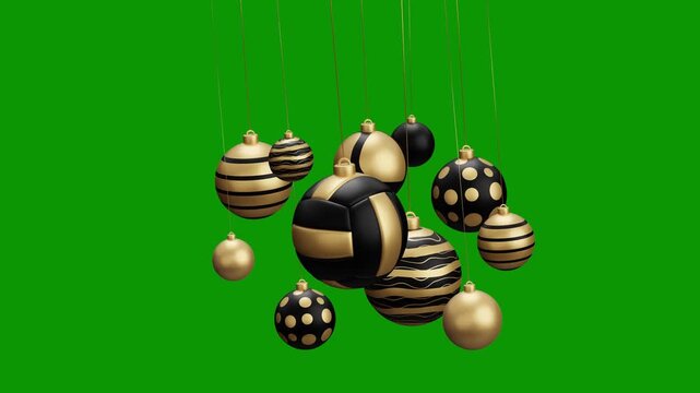 volleyball Christmas hanging ball video 4k animation. Green screen Merry Christmas greeting card. Hang on a thread xmas ornament ball golden bauble on green horizontal background