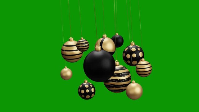 Christmas hanging ball video 4k animation. Green screen Merry Christmas greeting card. Hang on a thread xmas ornament ball golden bauble on green horizontal background