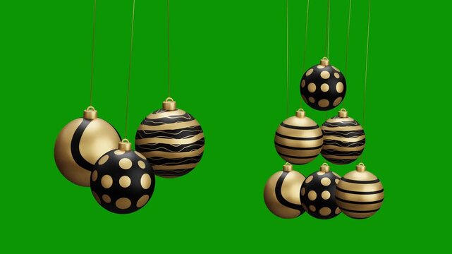 Christmas hanging ball video 4k animation. Green screen Merry Christmas greeting card. Hang on a thread xmas ornament ball golden bauble on green horizontal background