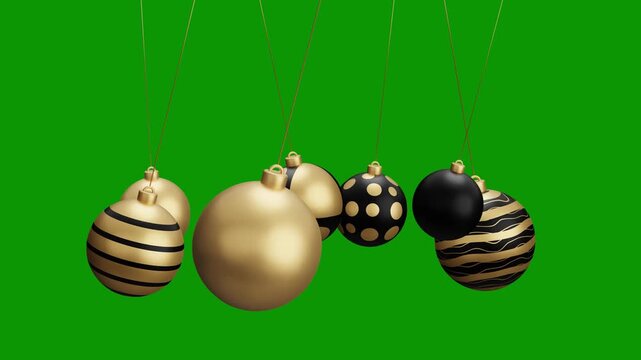 Christmas hanging ball video 4k animation. Green screen Merry Christmas greeting card. Hang on a thread xmas ornament ball golden bauble on green horizontal background